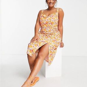 Simply Be Ruched slit front midi sun dress in summer floral print